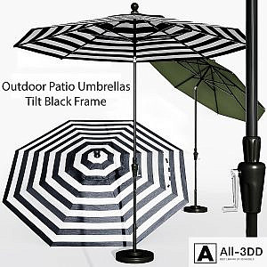 9' Sunbrella Black Cabana Stripe Outdoor Patio Umbrella with Black Tilt Frame + Reviews