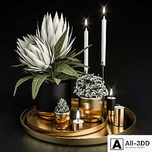Decorative set with plants in pots.