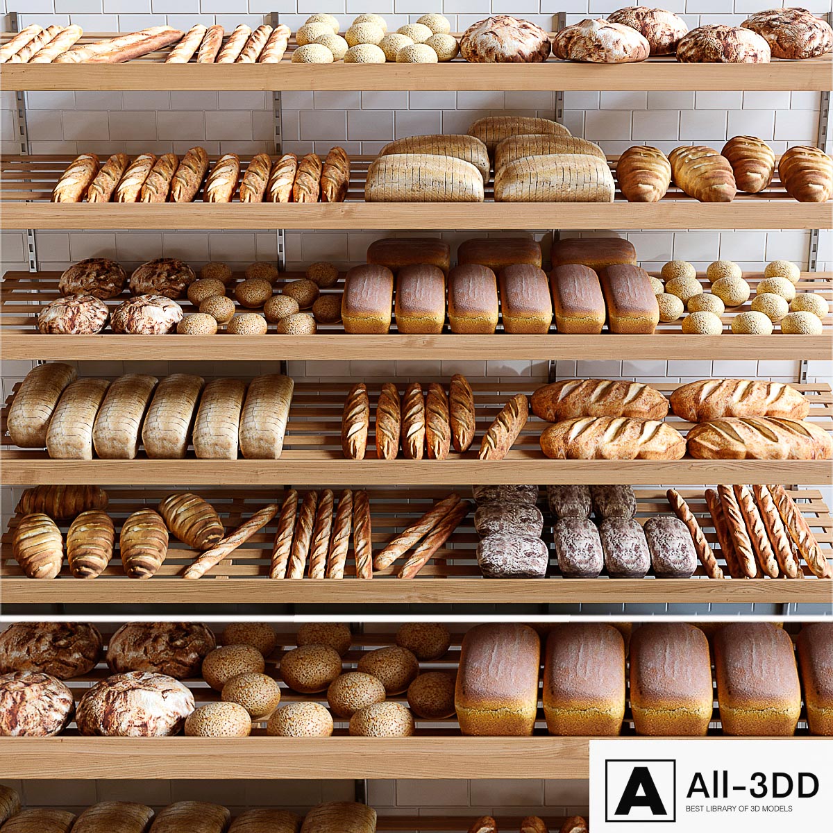 Rack with pastries in a bakery with bread, loaf and buns. modern interior 3D model Rack with pastries in a bakery with bread, loaf and buns.