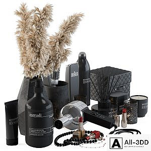 Bathroom Decor Set 05 - Black Set with pampas Plant