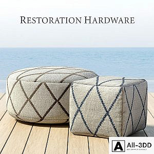 RH / OUTDOOR HAND-KNOTTED MOROCCAN TILE FLATWEAVE POUF