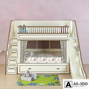 Baby bed with slide, and a built-in chest of drawers