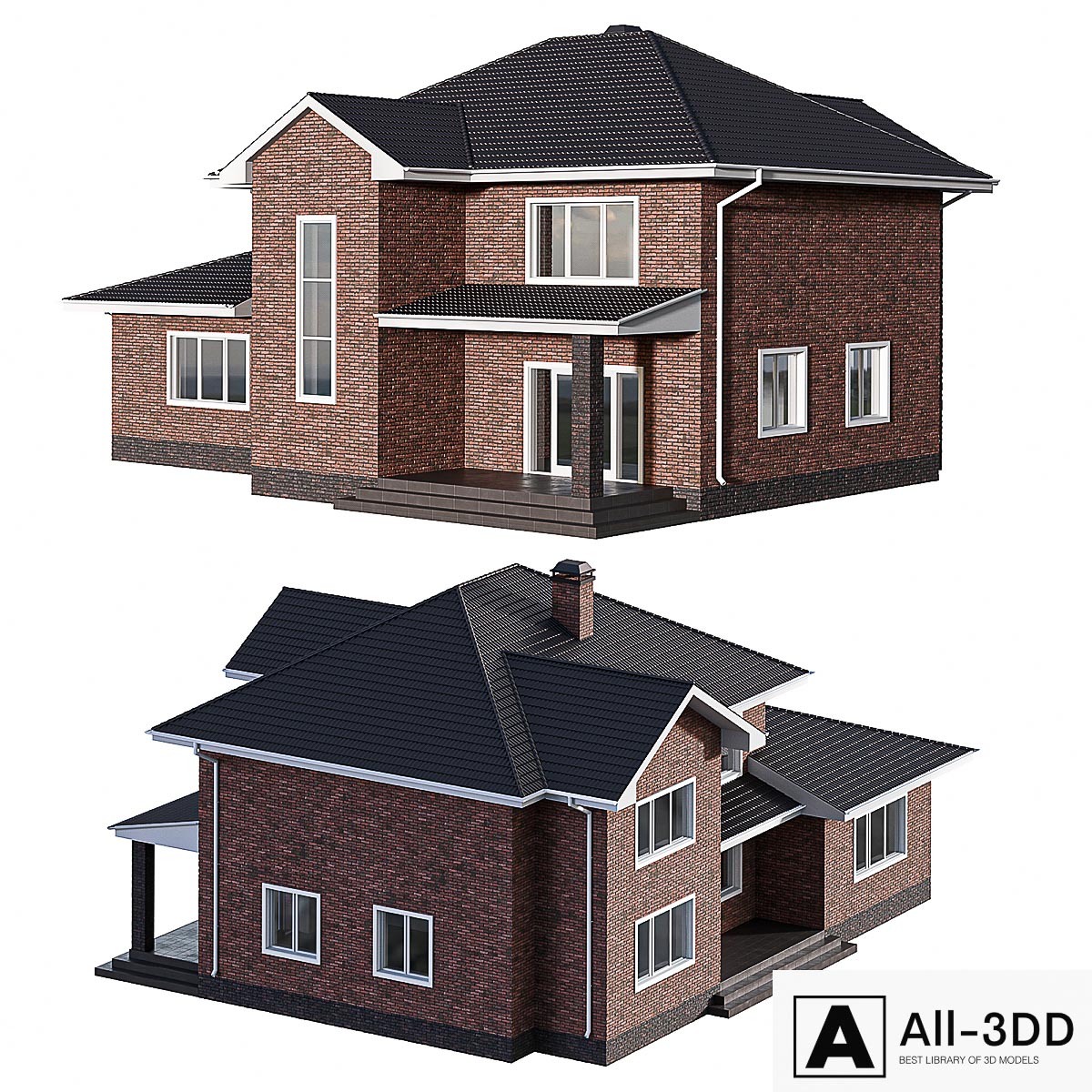 Two-storey brick house with a pitched roof modern interior 3D model Two-storey brick house with a pitched roof