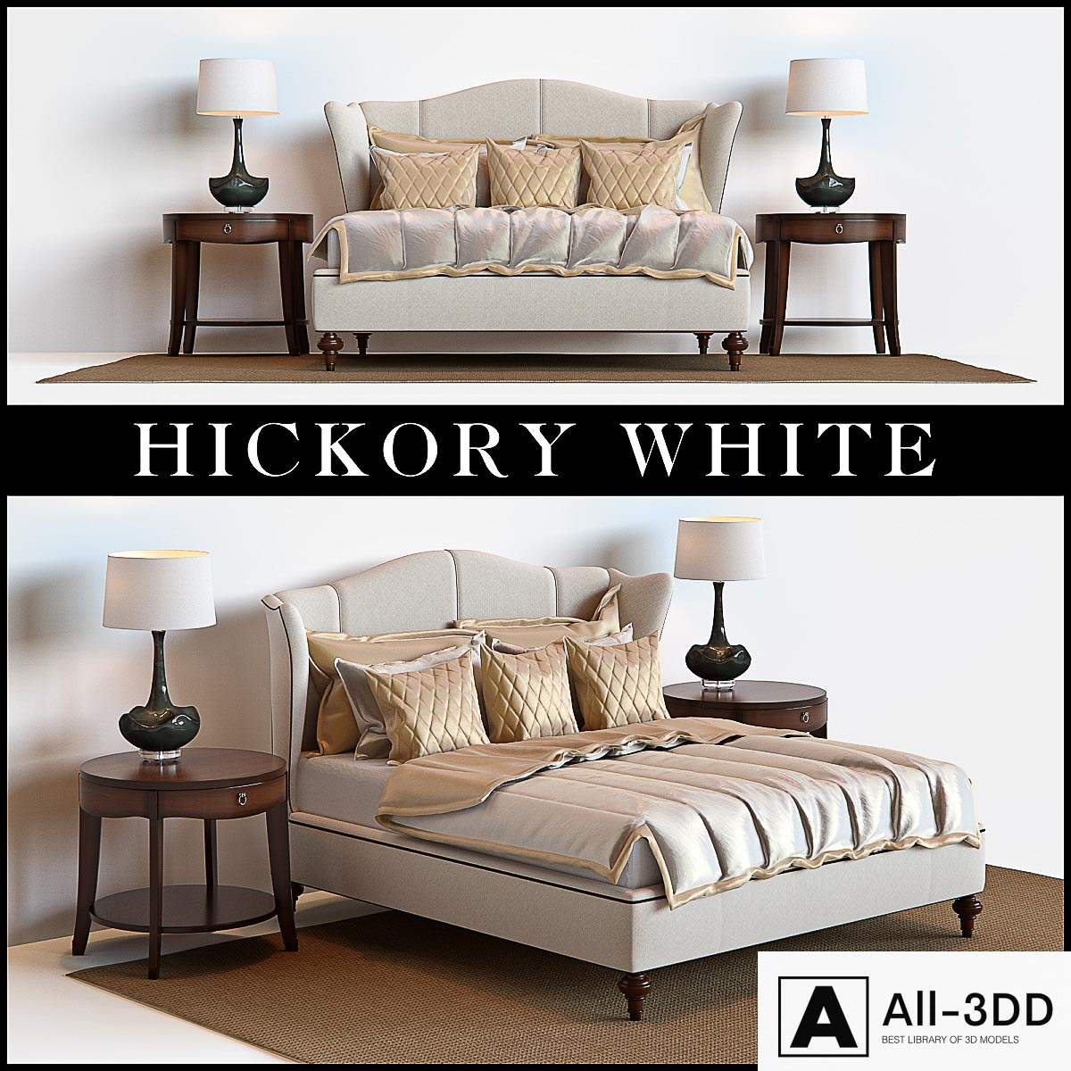 Hickory White King Upholstered Bed, Barbara Barry Skirted End Table modern interior 3D model Hickory White King Upholstered Bed, Barbara Barry Skirted End Table