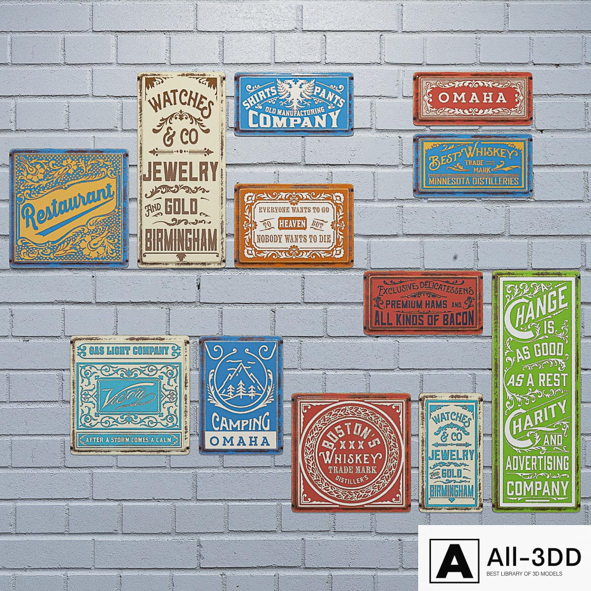 Set of vintage metal plates modern interior 3D model Set of vintage metal plates