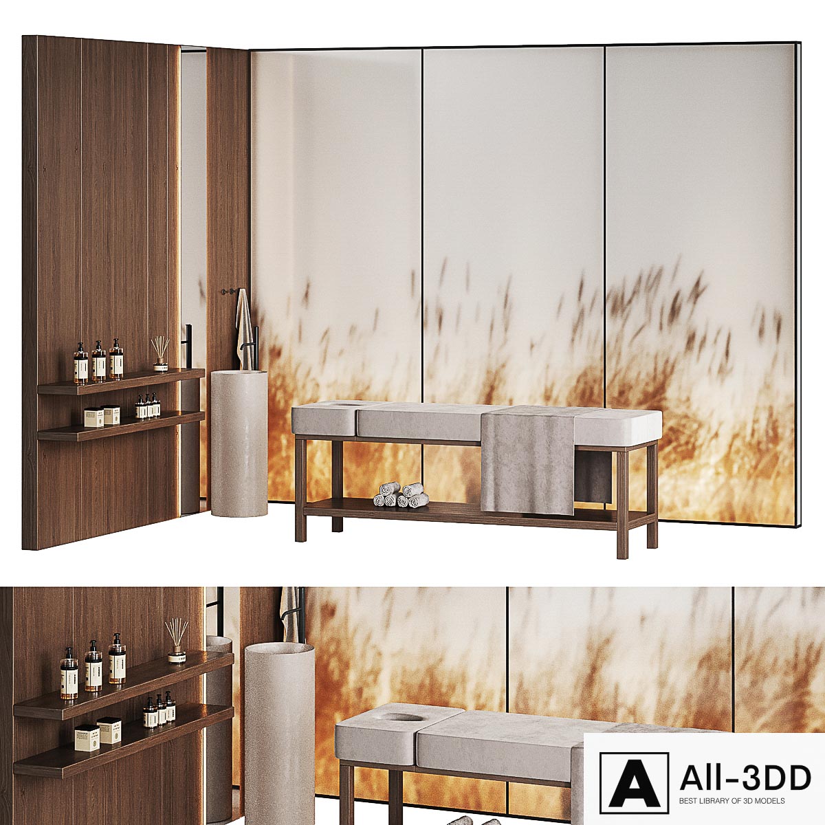 Modern minimalistic spa with wheat ears behind glass modern interior 3D model Modern minimalistic spa with wheat ears behind glass