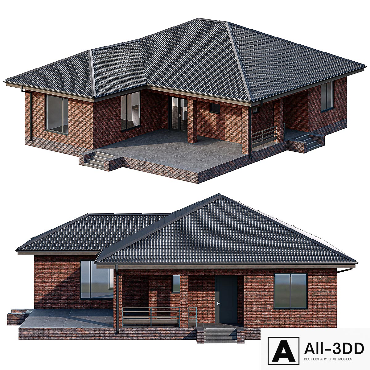 One-story brick house with a terrace modern interior 3D model One-story brick house with a terrace