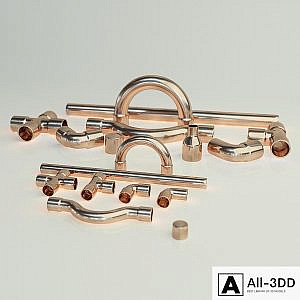 Set of copper pipes and fittings