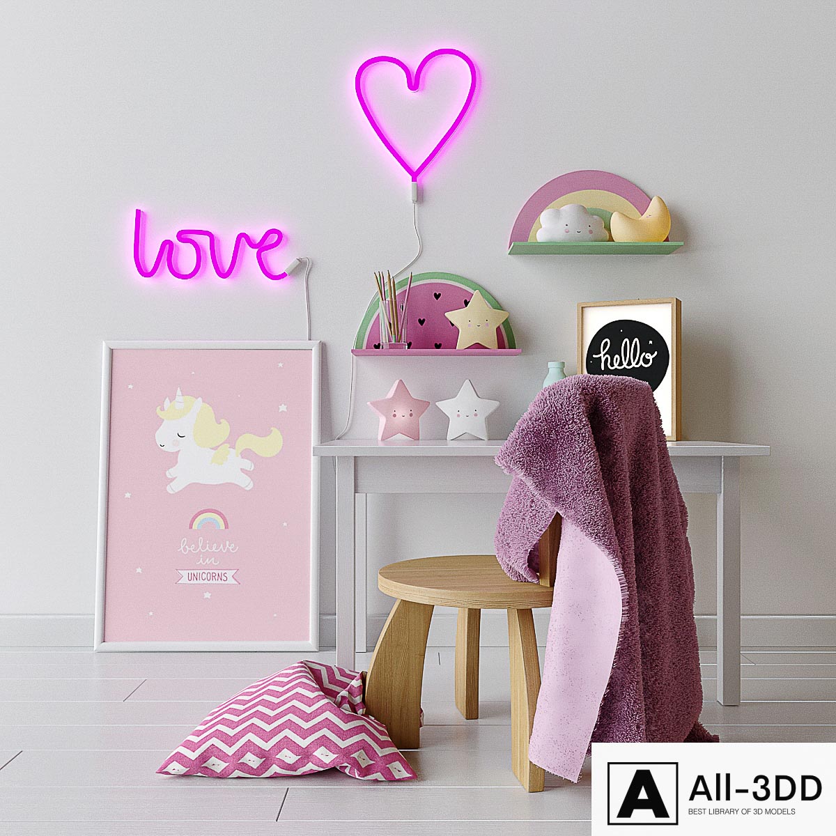 Decorative set in the nursery for girls modern interior 3D model Decorative set in the nursery for girls