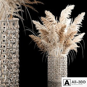 Bouquet of white dried flowers in a wicker basket, reeds, pampas grass, Cortaderia. 256.