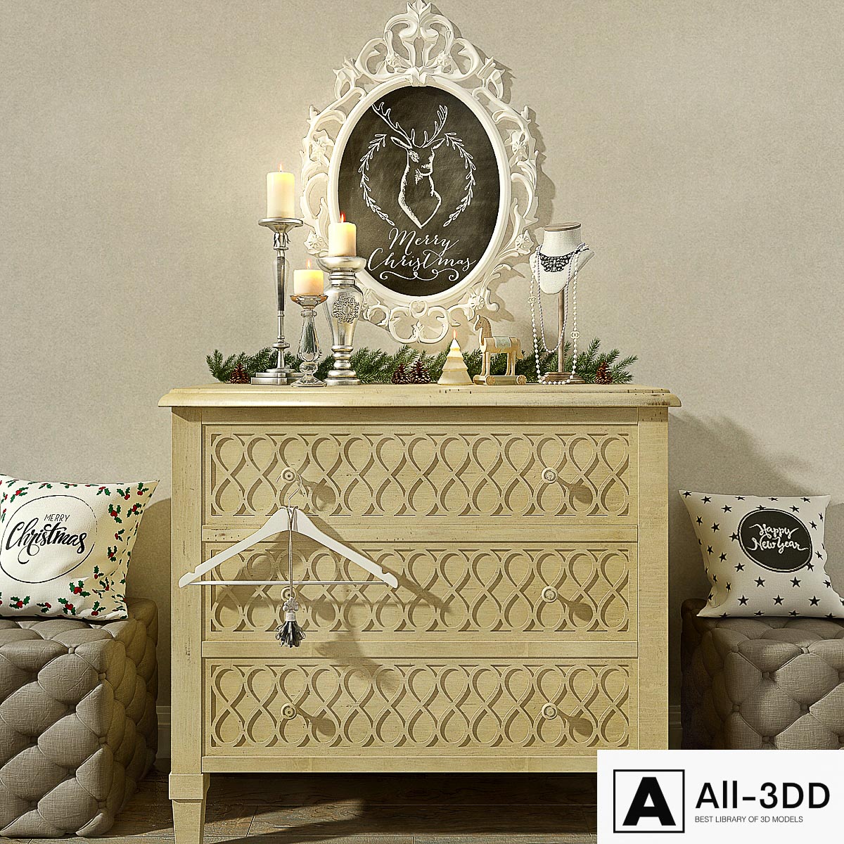 Chest Hooker Melange with Christmas decor modern interior 3D model Chest Hooker Melange with Christmas decor