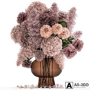 A lush bouquet of spring flowers in a glass vase with hydrangeas, lilacs, peonies. 144.