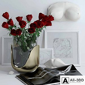 Set with roses, marble bust and lips