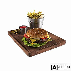 Hamburger and french fries in a bucket