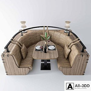 Semicircular sofa with table and decor