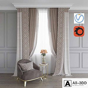 A curtain, an armchair and a table with roses (Vray + Corona))