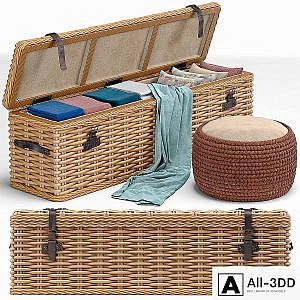 Brenna Leather Accent Woven Rattan Trunk, pouf