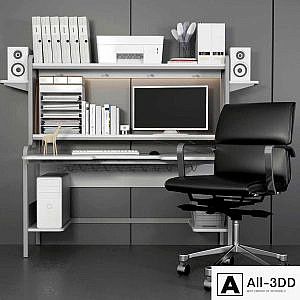 Collection of office furniture for home and stationery. Computer, table and chair