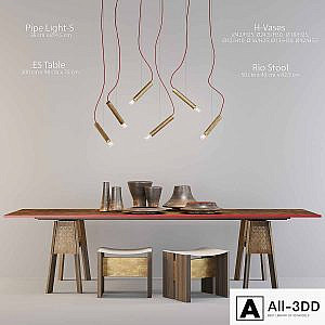 HENGE ES Table, Rio Stool, Pipe Light-S, H-Vases
