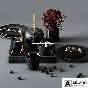 BLACK FLUTED set - thermal teapot, plates and cups