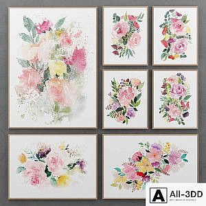 Set of paintings with watercolor flowers