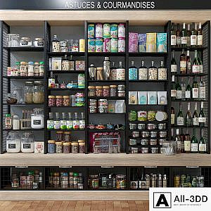 Showcase with spices, alcohol and groceries in the supermarket. Food