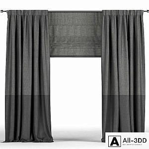 Black curtains in two shades + black Roman blinds.