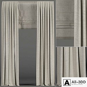 Narrow beige curtains with roman shades.