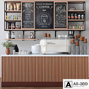 Design project of a cafe in ethnic style with a coffee machine and accessories on the shelves