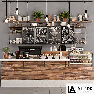 Design project of a coffee point with desserts, sweets and a coffee machine. coffee house
