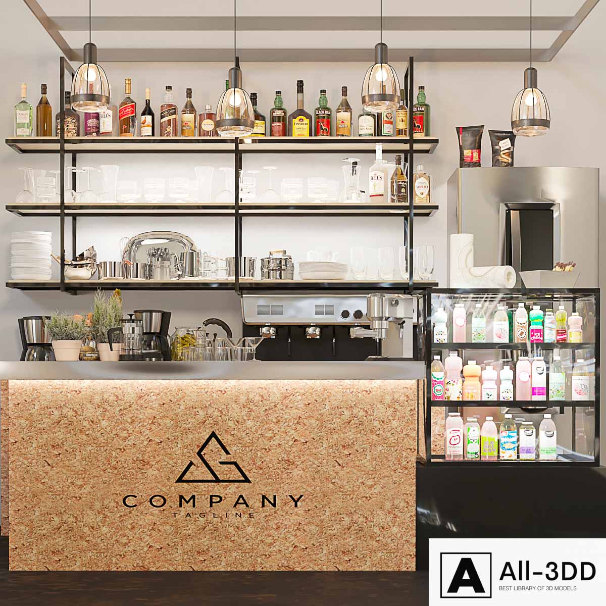 Minimalistic design of a pub with strong alcohol and a coffee machine. Cocktail modern interior 3D model Minimalistic design of a pub with strong alcohol and a coffee machine. Cocktail