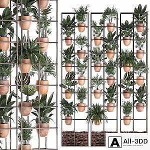 Shelf with flowers in clay pots vertical garden with fern, palm, monstera, ficus, shelving. Set of 30.