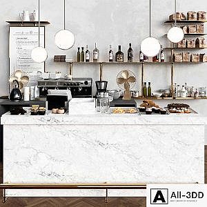 A modern cafe with a marble counter and desserts. Coffee house, cake