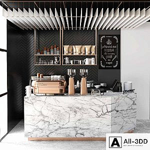 Cafe design 5. Coffee, coffee maker, coffee machine, coffee point, coffee grinder, dishes, marble, panels