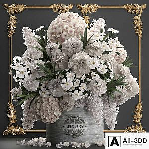A beautiful lush modern bouquet of white flowers in a luxury vase with a molded frame, hydrangea, lilac, peonies, oleander, gold. Set 91.
