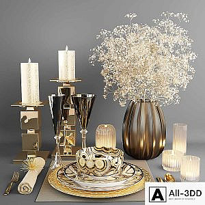 Decorative set with dishes and a bouquet of white flowers