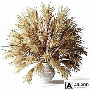Fluffy bouquet of dry grass with tails in a glass white vase
