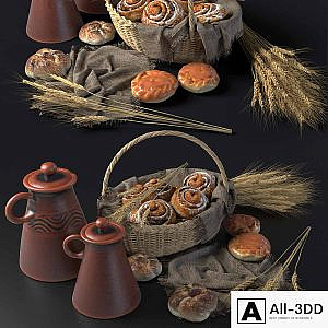 Composition with buns in a wicker basket