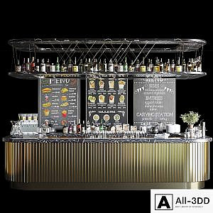 A large design project of a bar counter with strong alcohol, wine and a variety of cocktails. Alcohol