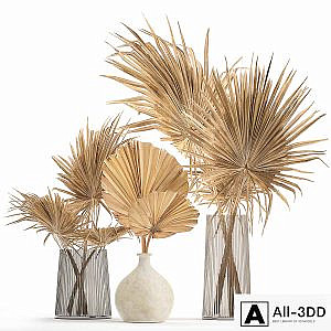 A beautiful bouquet of dried flowers in a glass vase with branches, a dry palm leaf, a branch. Set 133.