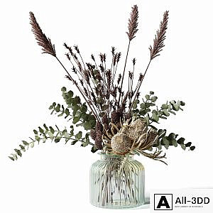 Bouquet with tall grass, eucalyptus and bankxias in a ribbed glass vase
