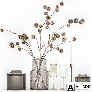 Bouquet of dried flowers from thorn branches burdock with a vase and a glass of sparkling wine. 253