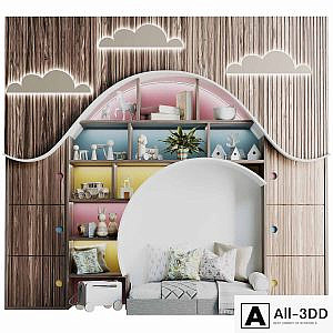Children's wardrobe with toys and a bed