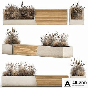 Bench flowerbed for the urban environment in a concrete flowerpot with bushes of reeds and dried flowers, dry grass. 1142.