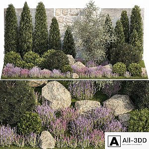 Beautiful garden with arborvitae and landscaping with pine, cypress, topiary, boulder stones, flowers and lavender, sage bushes. 1265