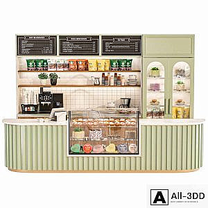Cafe with display case with desserts and coffee machine