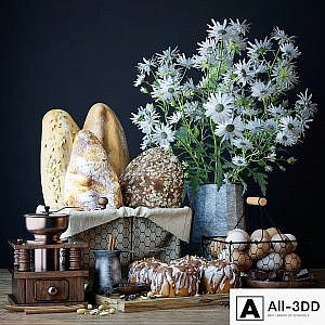 Kitchen set with bread and cinnapons