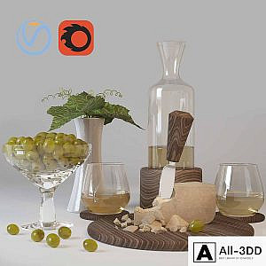 Decorative set of wine, cheese and grapes