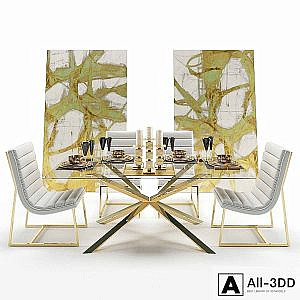Dining table glass with armchairs and decor