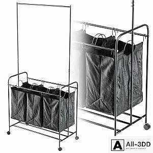 Black 3 Bag Heavy Duty Divided Laundry Hamper Sorter Cart with Wheels and Hanging Bar